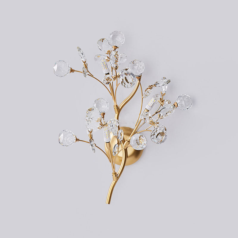 Modern Luxury Crystal Floral Branch Iron 3-Light Wall Sconce Lamp For Living Room