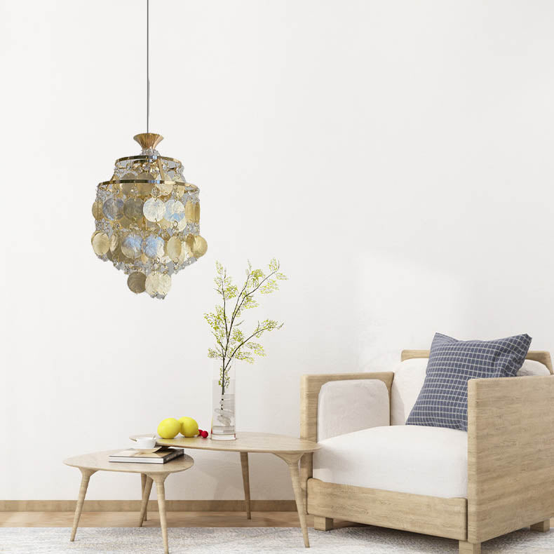 Traditional French Provincial Golden Shell Crystal Beads Round 1-light Pendant Light for Living Room