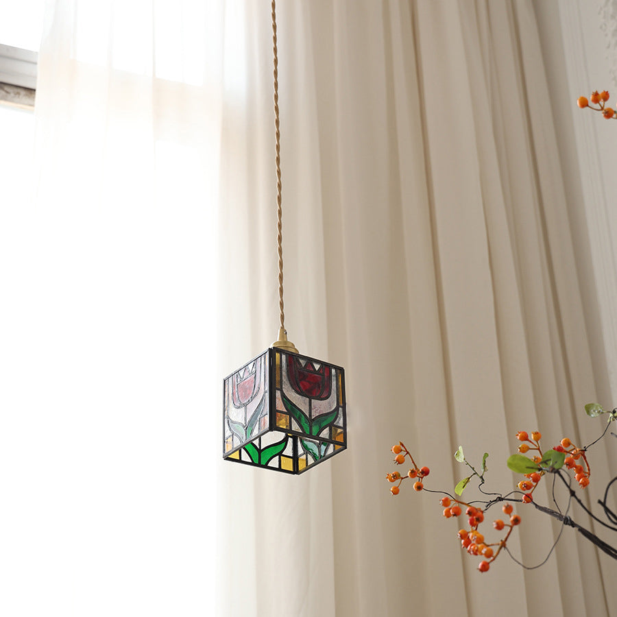 Traditional Tiffany Square Tulip Red Rose Rubik's Cube Brass Stained Glass 1-light Pendant Light for Living Room
