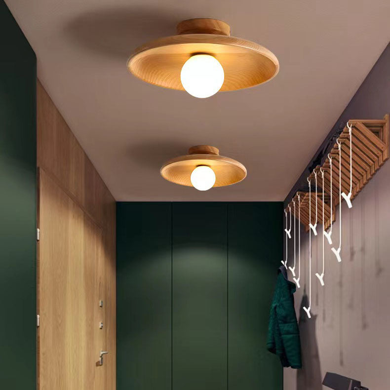 Modern Simplicity Rubberwood Glass Round 1-Light Semi-Flush Mount Ceiling Light For Hallway Lumendat