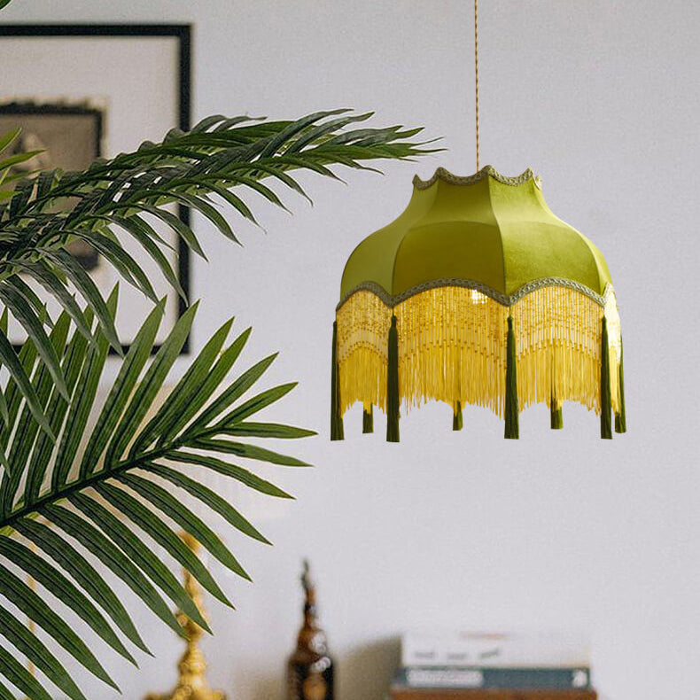 French Vintage Fabric Tassel Lampshade Brass 1-light Pendant Light BulbSquare