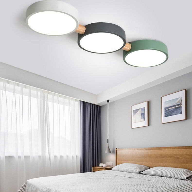 Contemporary Scandinavian Macaron Iron Geometric Round Shade Wood Splicing LED Flush Mount Ceiling Light for Bedroom