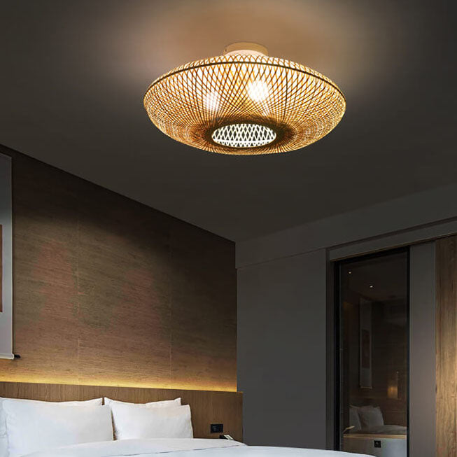Japanese Bamboo Weaving Round Flying Saucer 3-light Semi-flush Mount Light