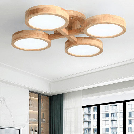 Contemporary Scandinavian Round Rubberwood LED Flush Mount Ceiling Light for Living Room