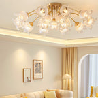 Traditional European Copper Glass Flower 5/12/15 Light Semi-Flush Mount Ceiling Light For Living Room