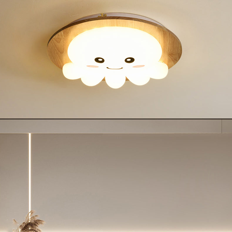 Lumendat Contemporary Creative Woodgrain Cartoon Octopus Moon Acrylic LED Kids Flush Mount Ceiling Light For Living Room Lumendat