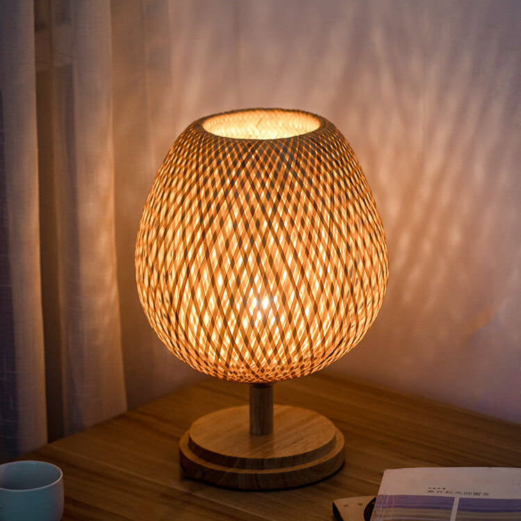Traditional Chinese Moso Bamboo Wood Iron Weaving Oval Round 1-Light Table Lamp For Bedroom Lumendat