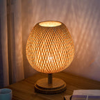 Traditional Chinese Moso Bamboo Wood Iron Weaving Oval Round 1-Light Table Lamp For Bedroom Lumendat