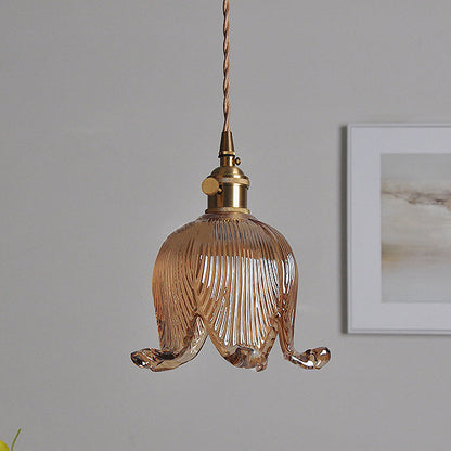 Vintage Nordic Brass Glass Bell Flower 1-light Pendant Light