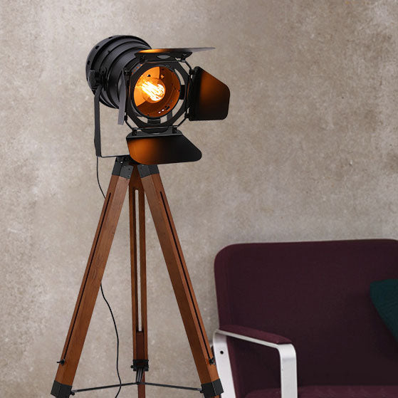 Industrial Vintage Solid Wood Iron Photographer Tripod 1-Light Standing Floor Lamp Lumendat