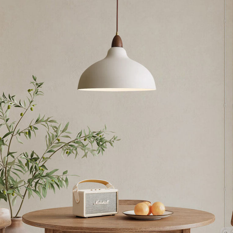 Japanese Simple Iron Dome Solid Wood Top 1-light Pendant Light BulbSquare