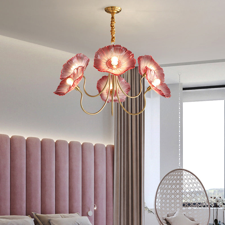 Modern Art Deco Gold Finish Frame Lotus Leaf Glass Shade 3/6-light Chandelier for Living Room