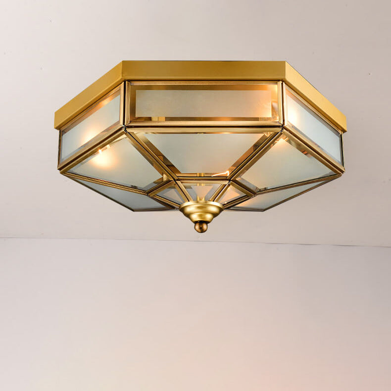 Traditional European Polygonal All Copper Glass 3/4 Light Flush Mount Ceiling Light For Living Room Lumendat