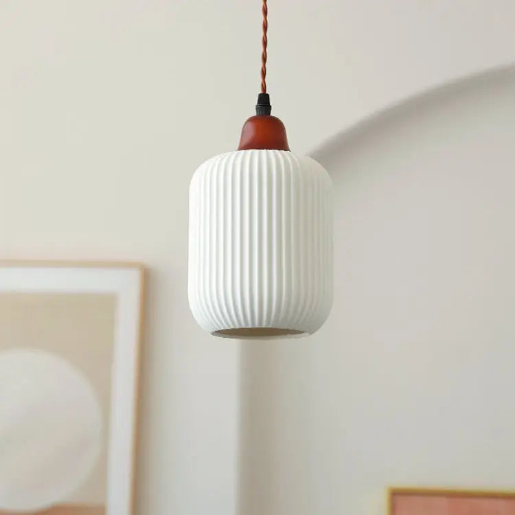 Japanese Vintage Pleated Ceramic Round Dome Wood 1-light Pendant Light Lumendat