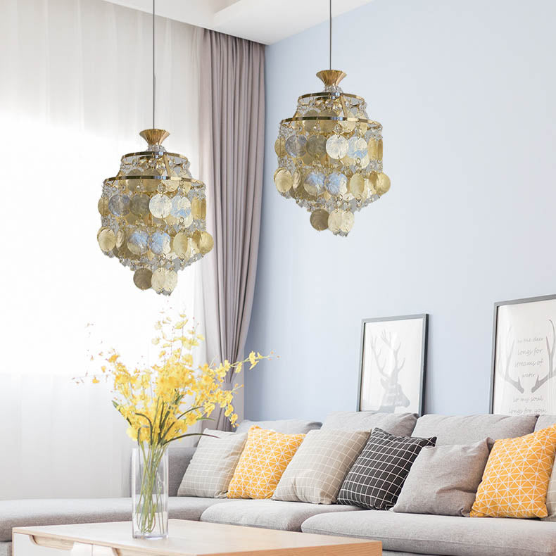 Traditional French Provincial Golden Shell Crystal Beads Round 1-light Pendant Light for Living Room