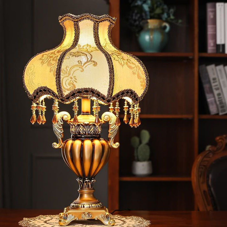 Traditional European Vintage Fabric Beaded Curtain Resin Base Palace 1-Light Table Lamp For Study Lumendat