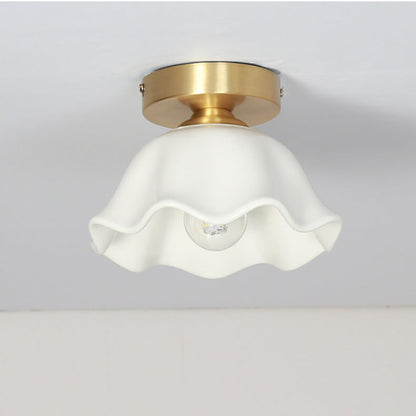 Contemporary Creative Copper Flower Ceramic Shade 1-Light Semi-Flush Mount Ceiling Light For Living Room