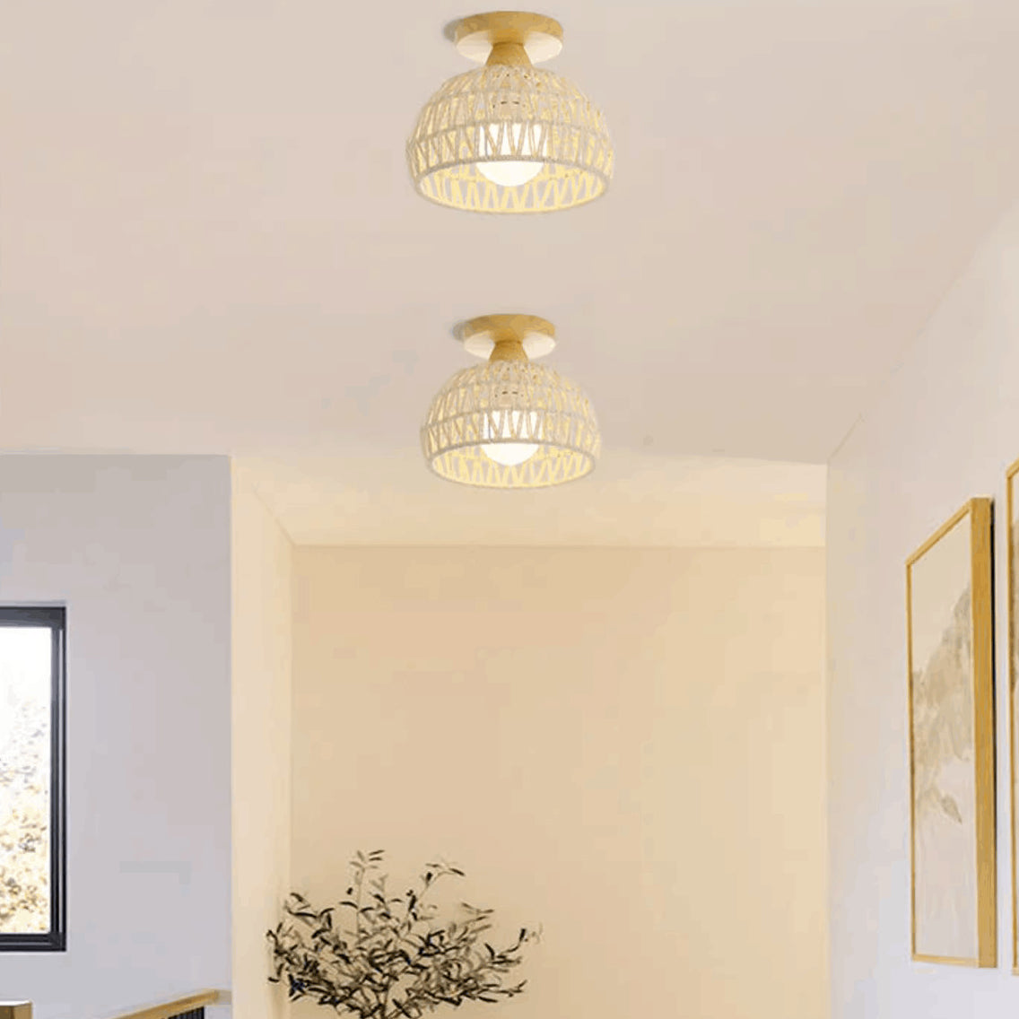 Traditional Japanese Rattan Art Round 1-Light Semi-Flush Mount Ceiling Light For Entryway Lumendat