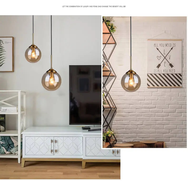 Contemporary Nordic Copper Spherical Glass Shade 1/3/5-light Island Light Chandelier for Dining Room Lumendat