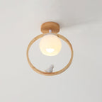 Traditional Japanese Wood Circle Ring Glass Ball Shade Bird 1-Light Semi-Flush Mount Ceiling Light For Living Room