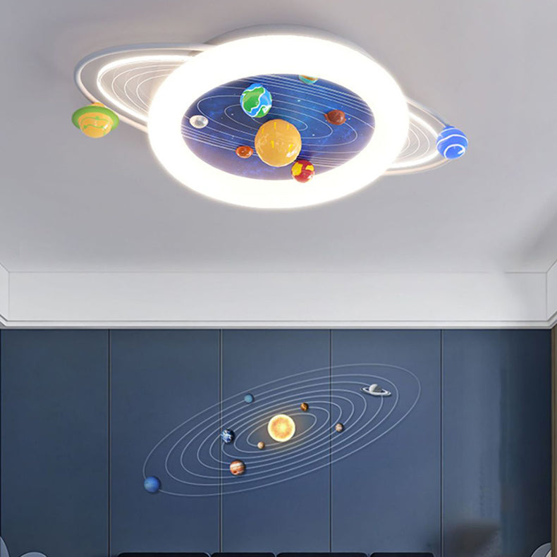 Modern Minimalist Children Round Planet Iron Resin Acrylic LED Flush Mount Ceiling Light for Bedroom