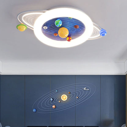 Modern Minimalist Children Round Planet Iron Resin Acrylic LED Flush Mount Ceiling Light for Bedroom