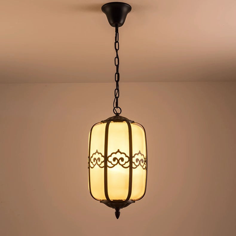 Traditional Chinese Imitation Marble Lantern Shade Aluminum 1-light Waterproof Pendant Light for Outdoor Patio