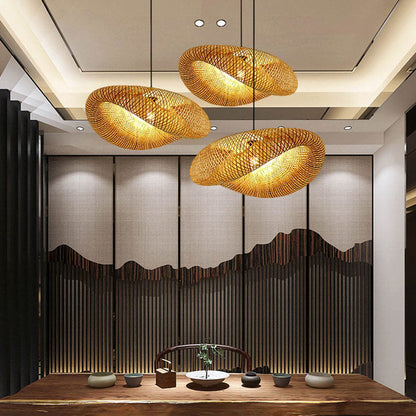 Traditional Japanese Straw Hat Bamboo Weaving Iron 1-light Pendant for Dining Room
