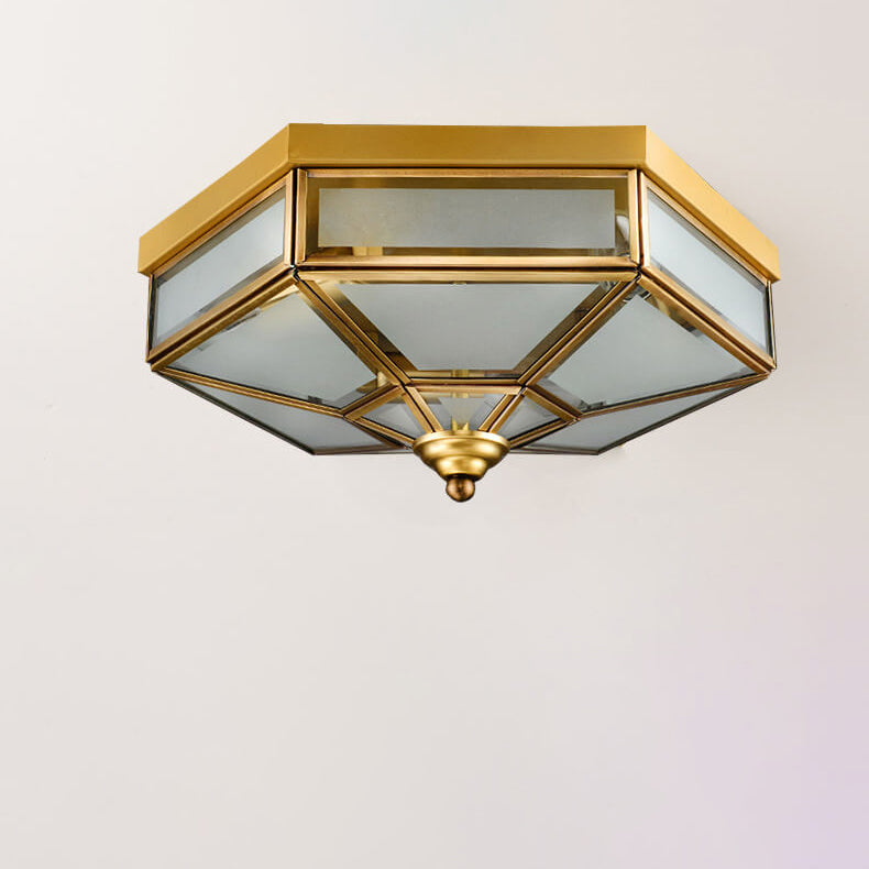 Traditional European Polygonal All Copper Glass 3/4 Light Flush Mount Ceiling Light For Living Room Lumendat