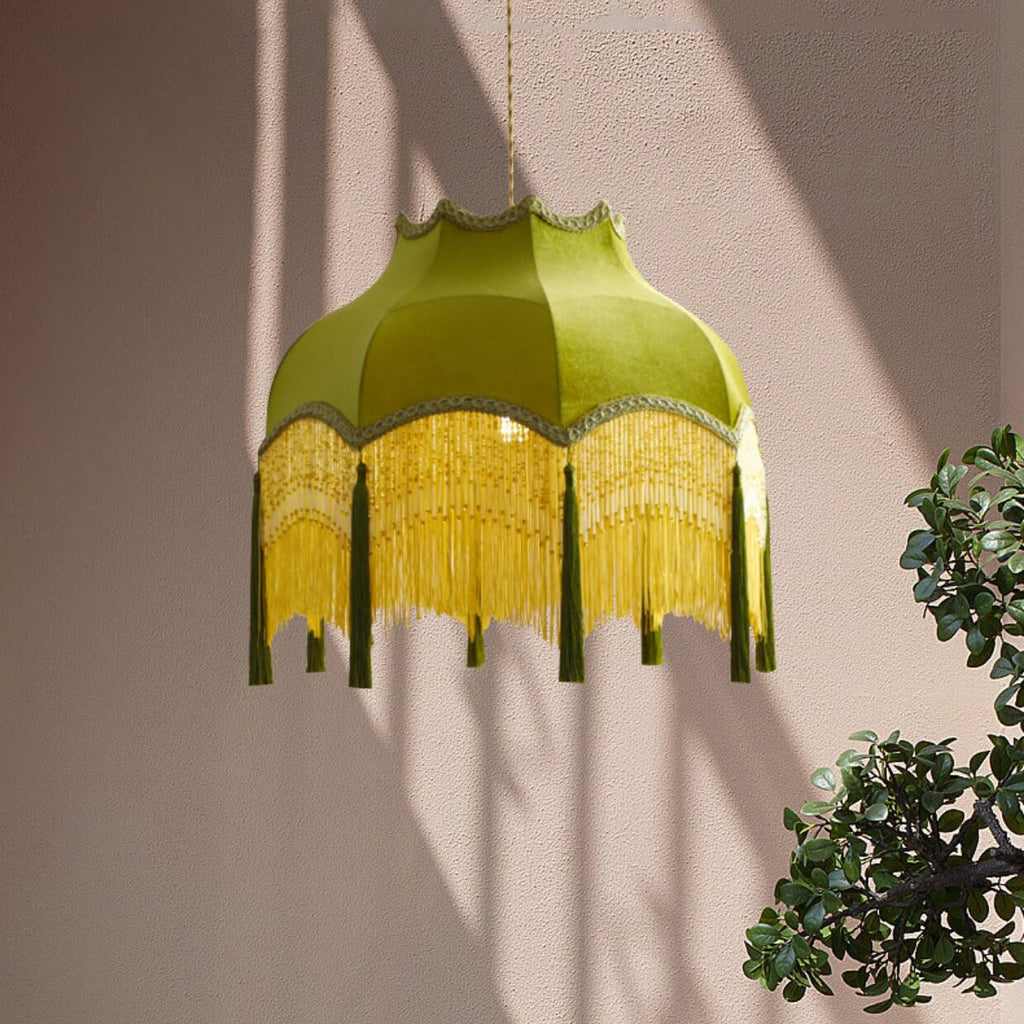 French Vintage Fabric Tassel Lampshade Brass 1-light Pendant Light BulbSquare