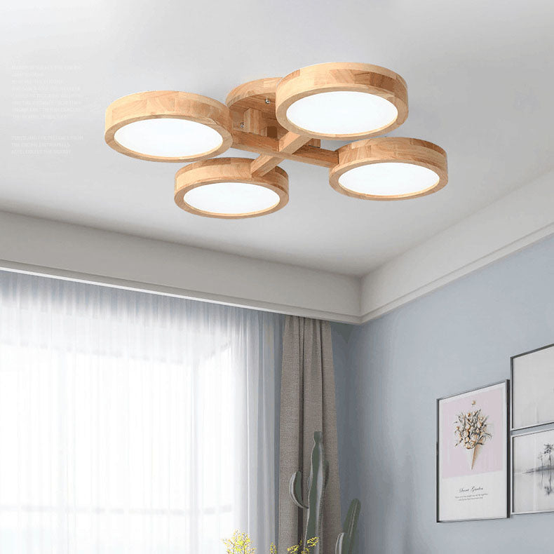 Contemporary Scandinavian Round Rubberwood LED Flush Mount Ceiling Light for Living Room