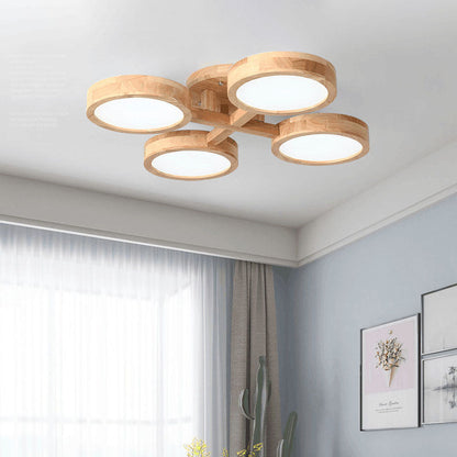 Contemporary Scandinavian Round Rubberwood LED Flush Mount Ceiling Light for Living Room