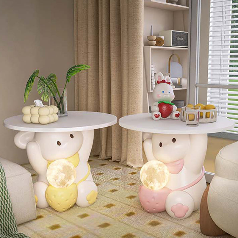 Lumendat Modern Art Deco Kids Rabbit Round Plate Rectangular Drawer Resin Wood Enamel End Table 1-Drawer With LED Light For Bedroom Lumendat