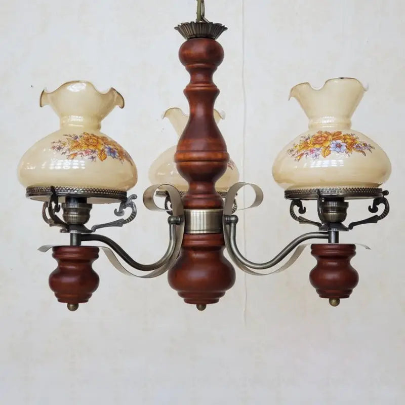 Traditional Rustic Candelabra Round Flower Iron Solid Wood 3-light Chandelier for Living Room BulbSquare