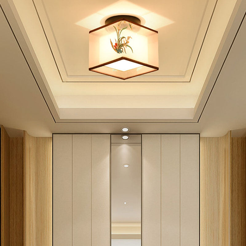 Traditional Chinese Square Iron Fabric 1-light Semi-flush Mount Ceiling Light for Hallway