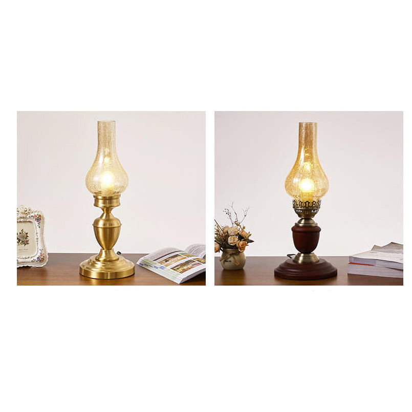 Vintage All Brass Wooden Glass Kerosene Lamp Design 1- Light Table Lamp Lumendat