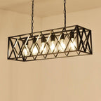 Traditional Farmhouse Rectangular Geometric Iron Cage 4/6 Light Island Light Chandelier for Dining Room BulbSquare