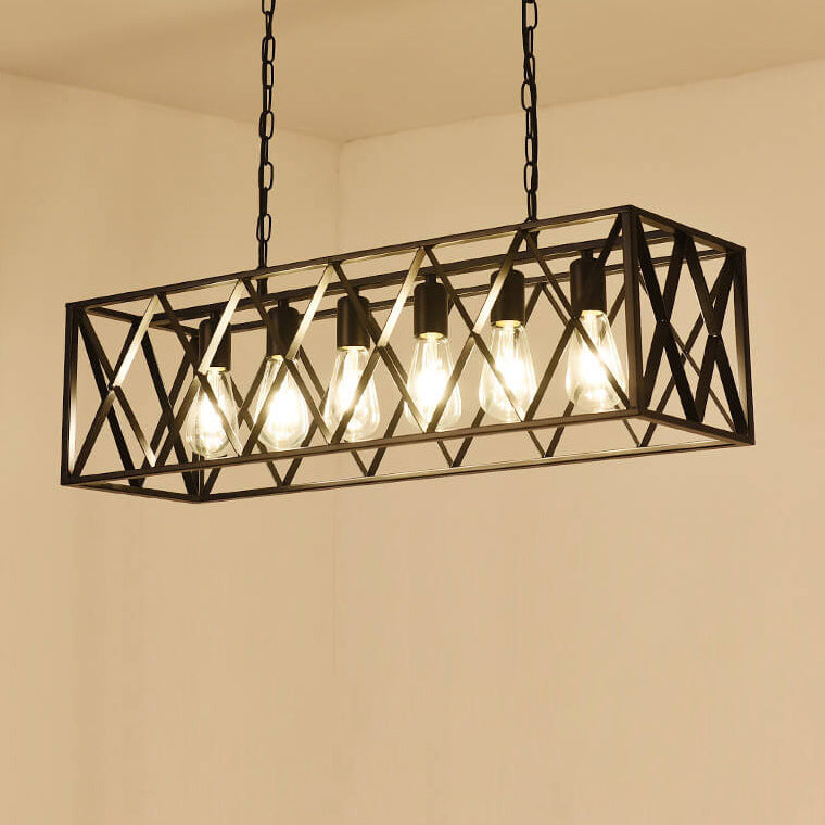 Traditional Farmhouse Rectangular Geometric Iron Cage 4/6 Light Island Light Chandelier for Dining Room