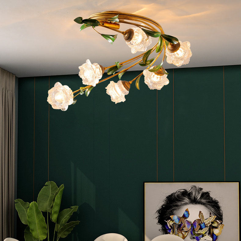 Traditional French Floral Iron Glass 6-light Flush Mount Ceiling Light for Living Room