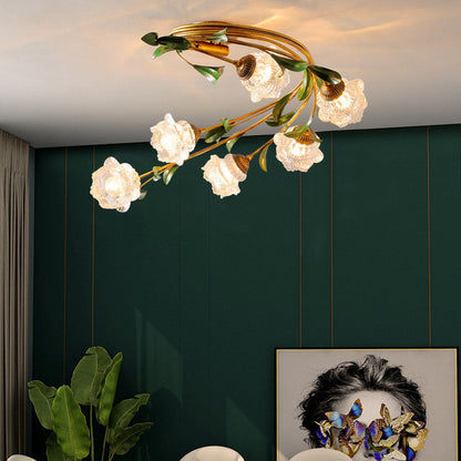 Traditional French Floral Iron Glass 6-light Flush Mount Ceiling Light for Living Room