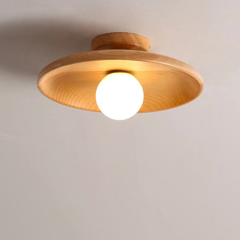 Modern Simplicity Rubberwood Glass Round 1-Light Semi-Flush Mount Ceiling Light For Hallway Lumendat