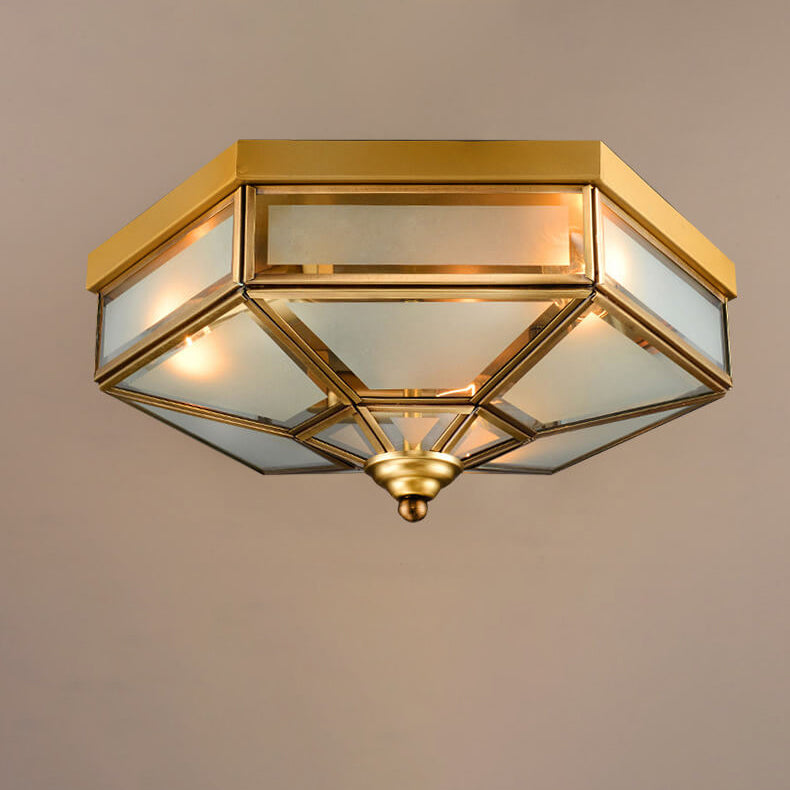 Traditional European Polygonal All Copper Glass 3/4 Light Flush Mount Ceiling Light For Living Room Lumendat