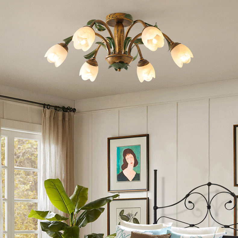 Traditional Rustic Floral Iron Glass 6/8/10 Light Semi-Flush Mount Ceiling Light For Living Room Lumendat
