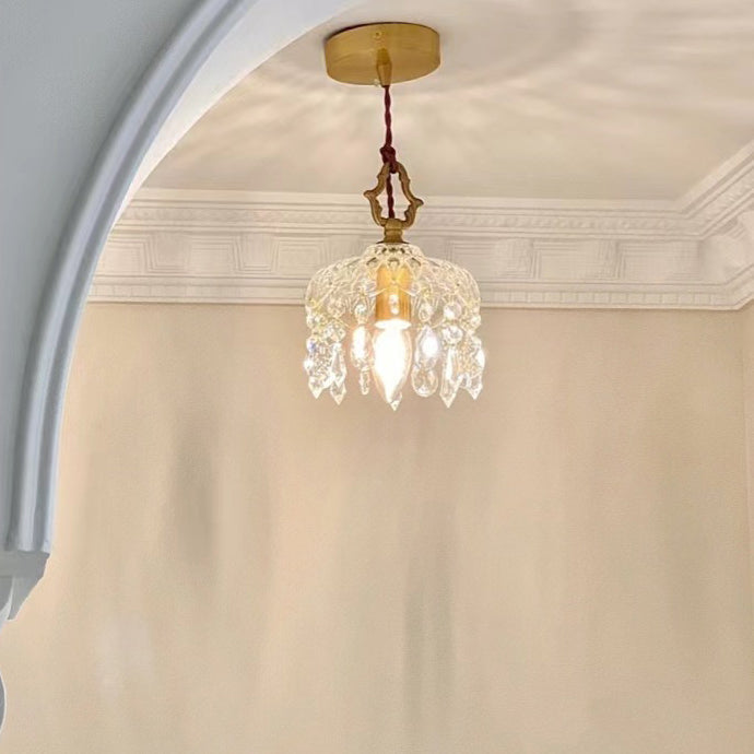 Modern Art Deco Brass Checkered Glass Shade Crystal Beads 1-light Pendant Light for Living Room