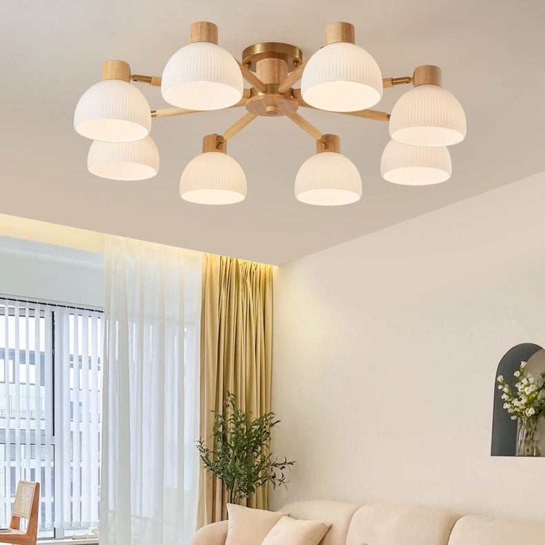 Traditional Japanese Wabi-sabi Rubberwood Hardware Glass 3/6/8-Light Flush Mount Lighting For Living Room Lumendat