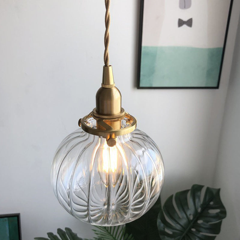 Traditional Japanese Brass Glass Pumpkin Shade 1-light Pendant Light for Living Room