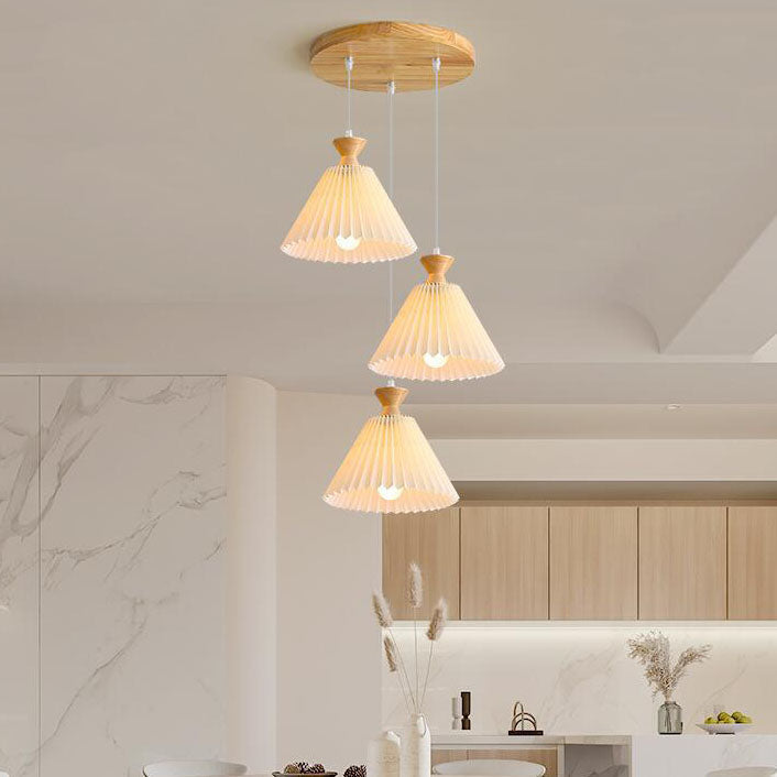 Nordic Wooden Pleated Cone 1/3 Light Island Light Chandelier BulbSquare