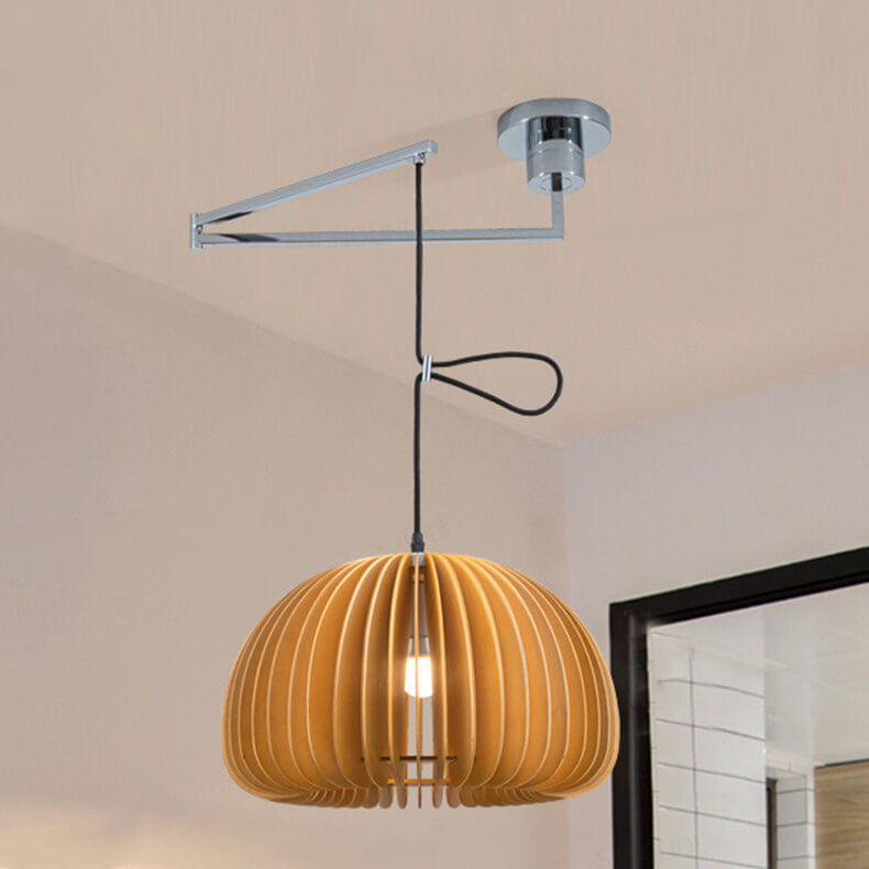 Japanese Minimalist Wooden Pumpkin Swing Arm 1-light Pendant Light