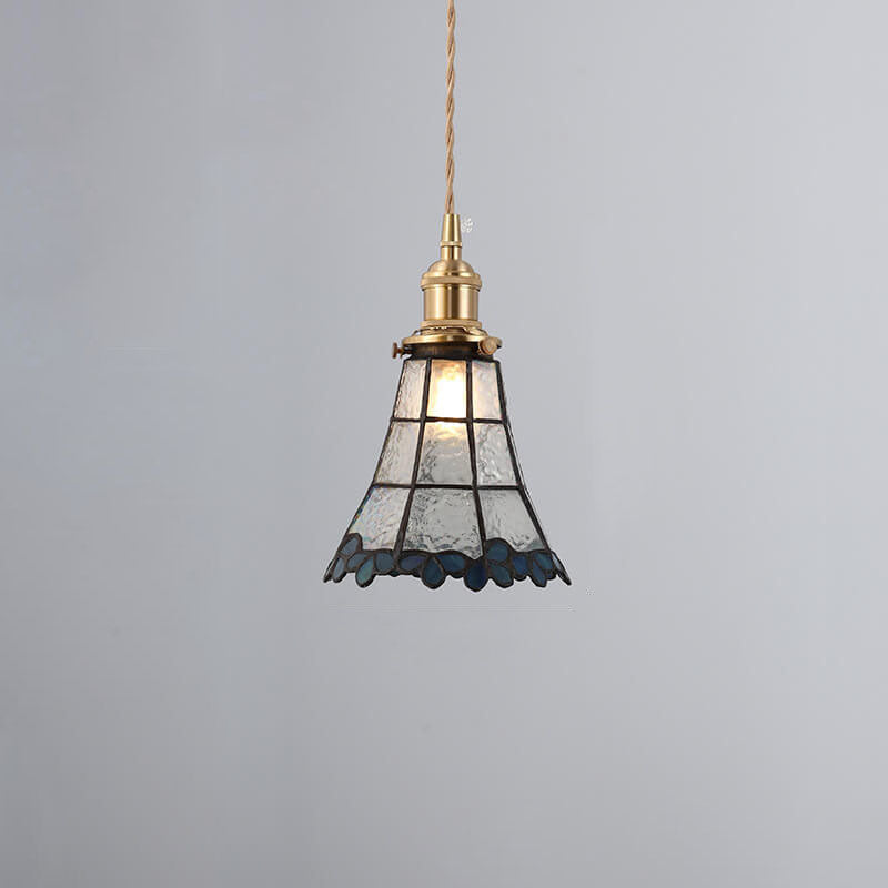 Japanese Vintage Brass Stained Glass Cone 1-light Pendant Light BulbSquare