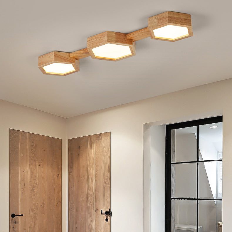 Traditional Japanese Hexagon Wood Acrylic LED Flush Mount Ceiling Light for Living Room